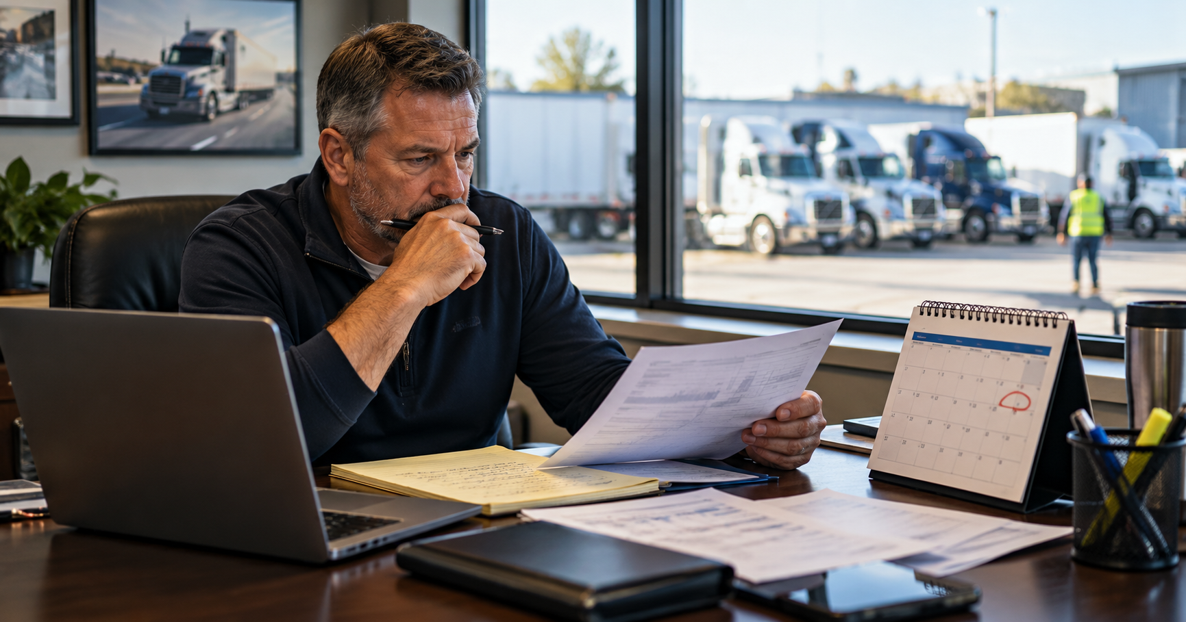 Trucking company owner reviewing paperwork at his desk before workers' comp renewal
