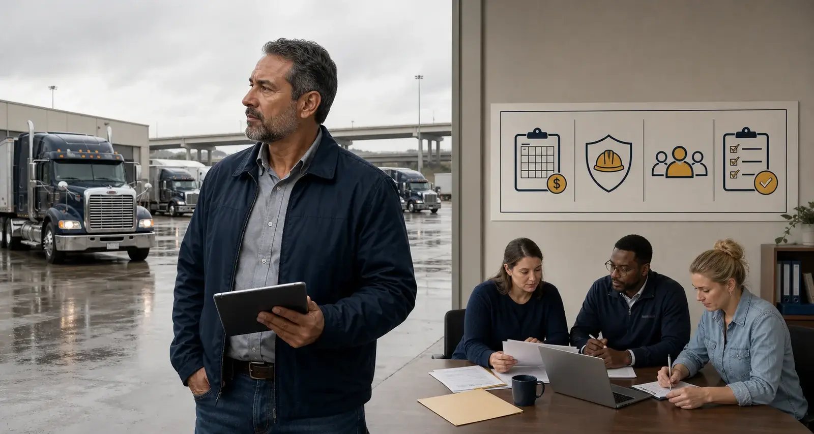 Transportation company owner oversees his fleet while an administrative team reviews payroll, workers’ compensation, HR, and compliance.