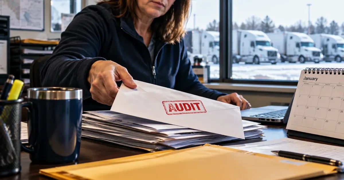 Trucking office manager reaching for a workers' comp audit bill on her desk in January