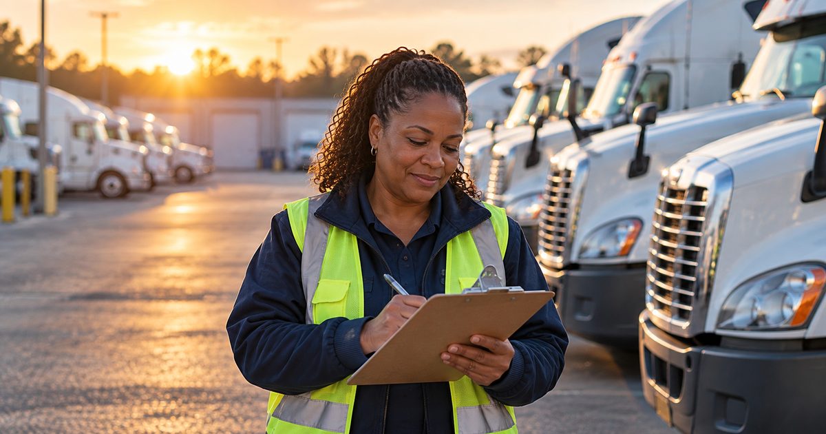 Trucking office manager checking off a renewal checklist on a clipboard in the truck yard